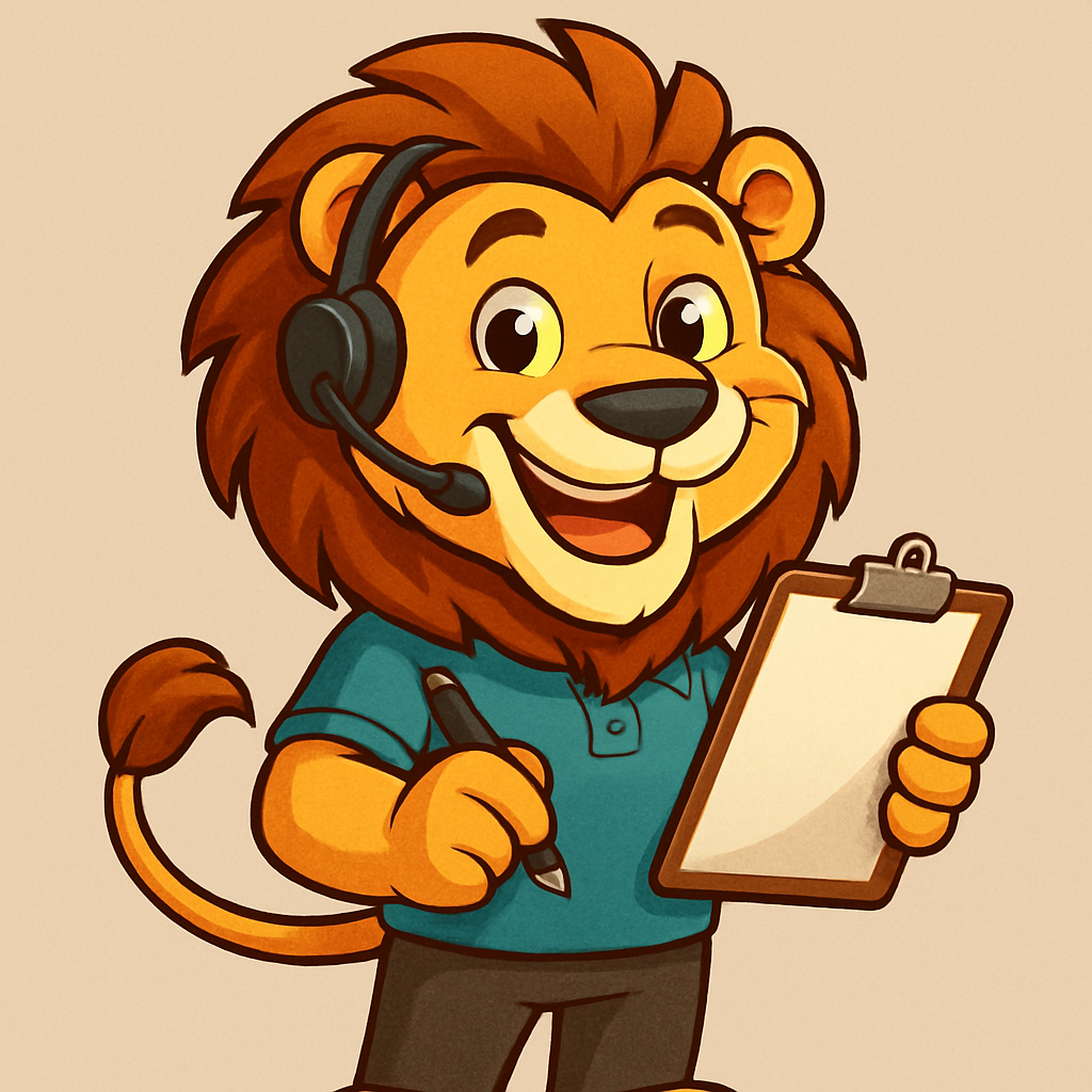 Cheerful lion mascot with clipboard and headset