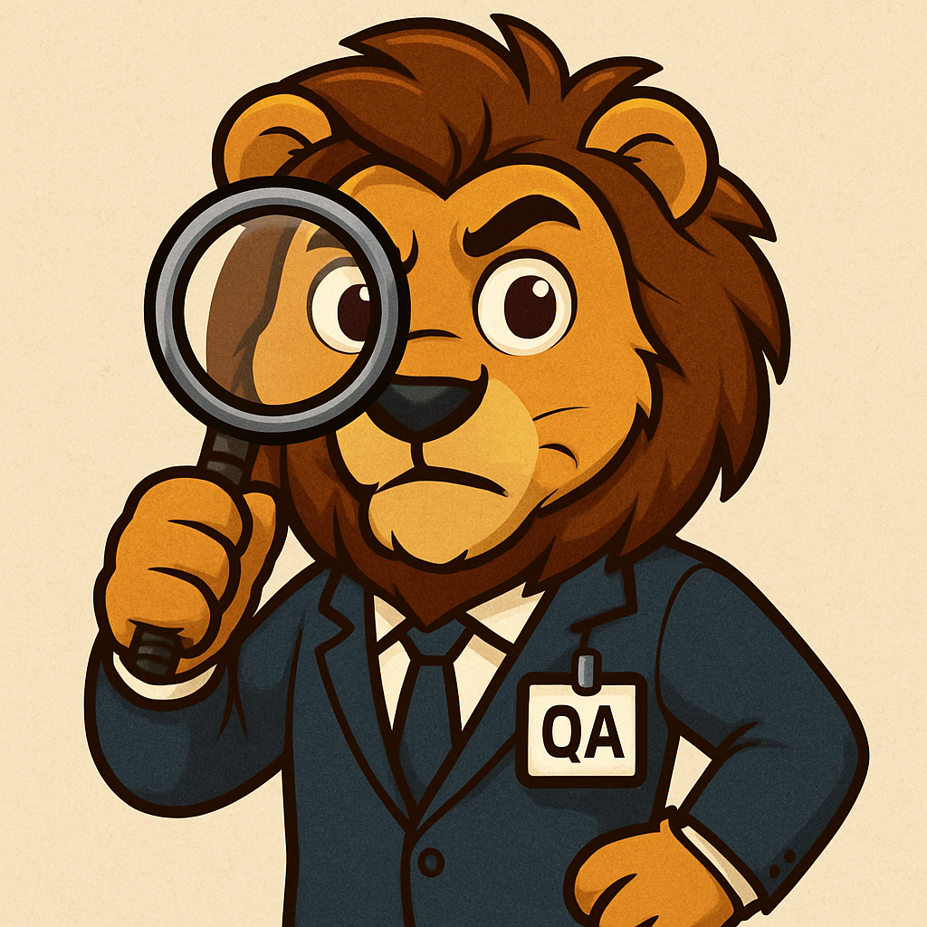 Lion mascot with a magnifying glass and QA badge