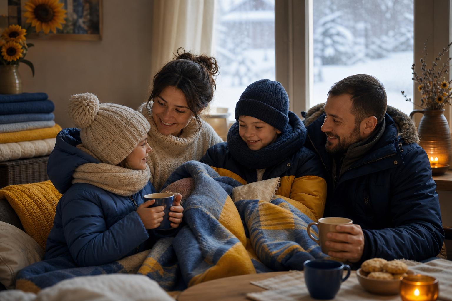 A warm, compassionate scene of a Ukrainian family bundled in winter clothing sharing blankets and tea in a softly lit room, conveying dignity and hope