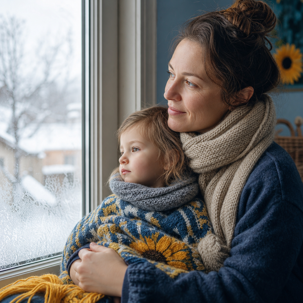 A mother in a warm scarf holding her child beside a frosty window, soft daylight and a calm, hopeful expression