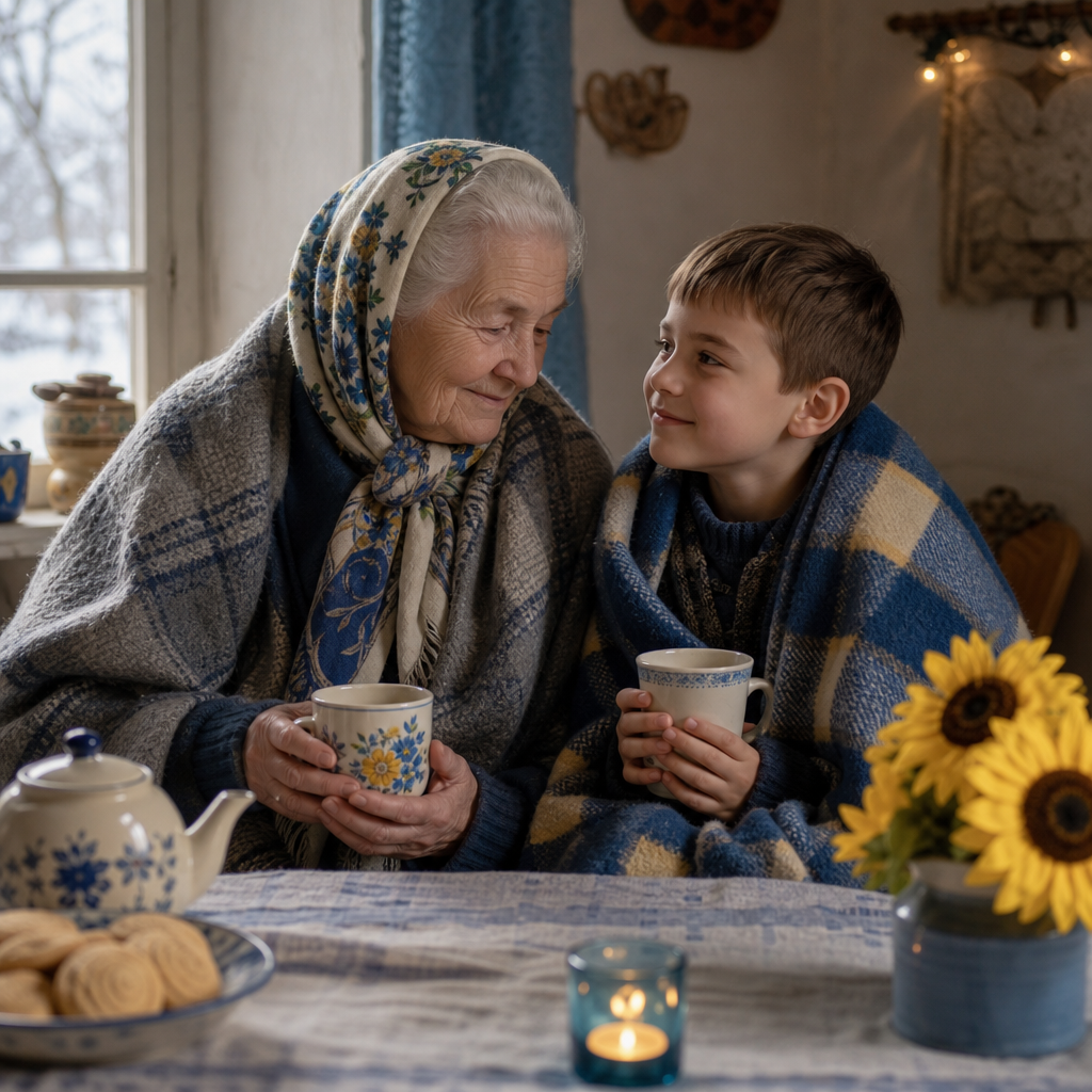 A grandmother and grandson sitting together by a small table with tea, wrapped in blankets with soft winter light