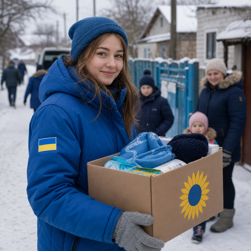 A young volunteer in a blue winter jacket carrying a box of supplies in a snowy street with gentle smiles