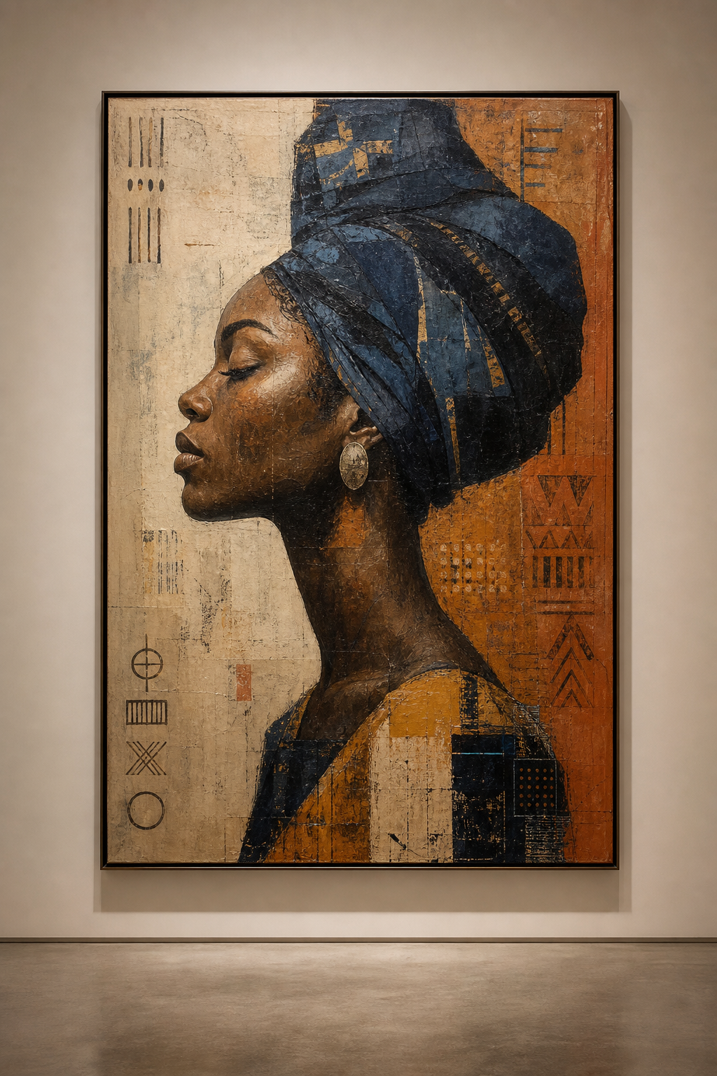 Large contemporary mixed-media portrait painting with layered indigo, ochre, and terracotta tones, textured brushwork, and subtle Nigerian symbolic motifs