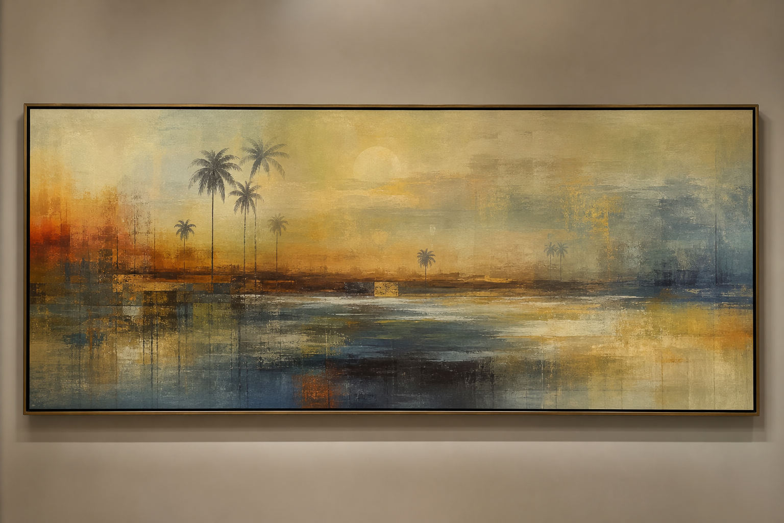 Panoramic contemporary painting with muted palm silhouettes and warm haze tones