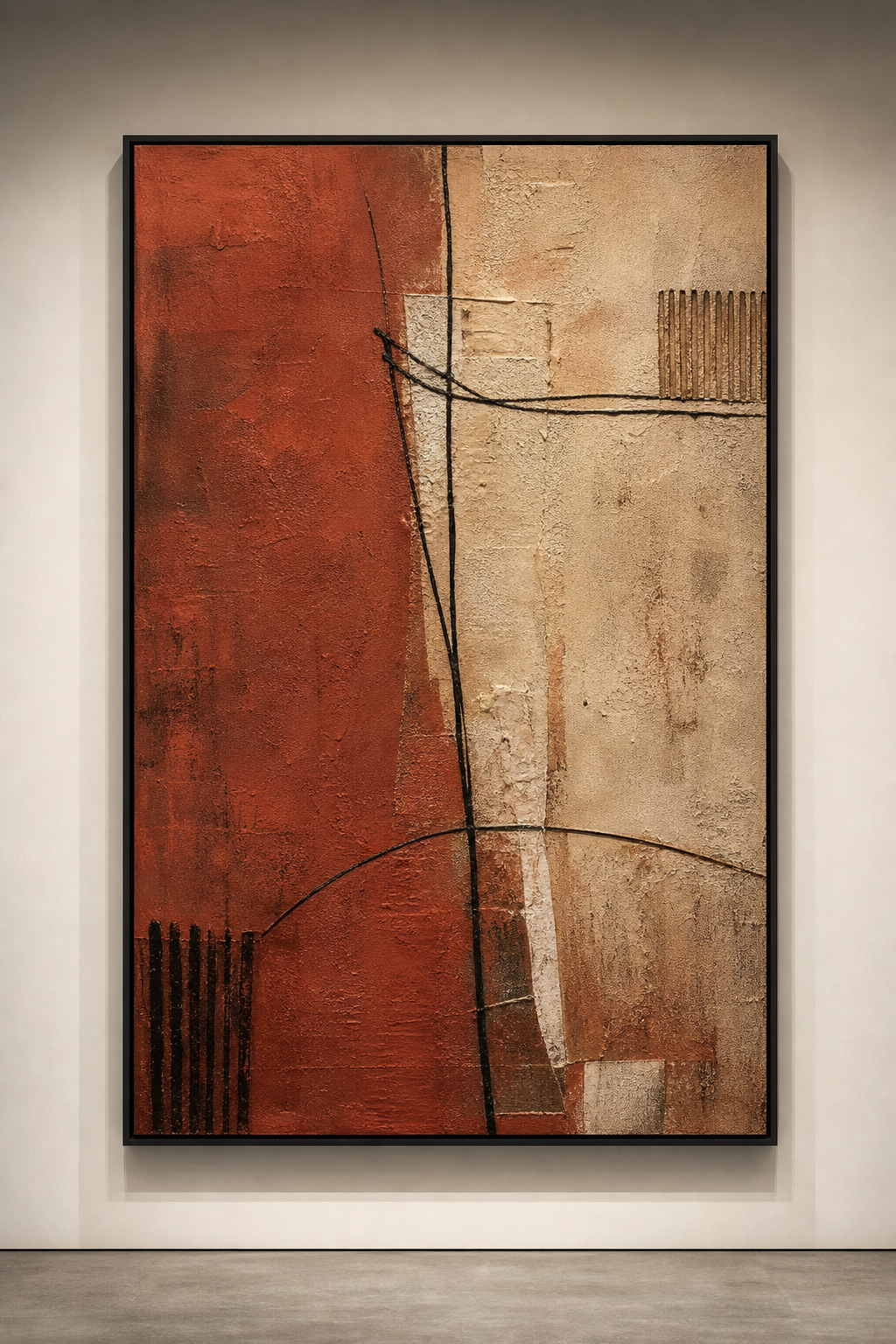 Vertical composition with clay-red ground, pale sand textures, and thin black gestural lines