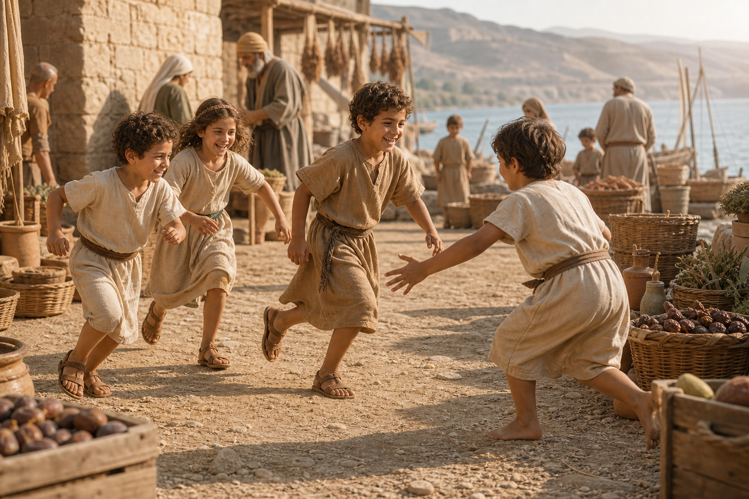 Children playing beside woven baskets and clay jars in a first-century Galilean marketplace near the lakeshore