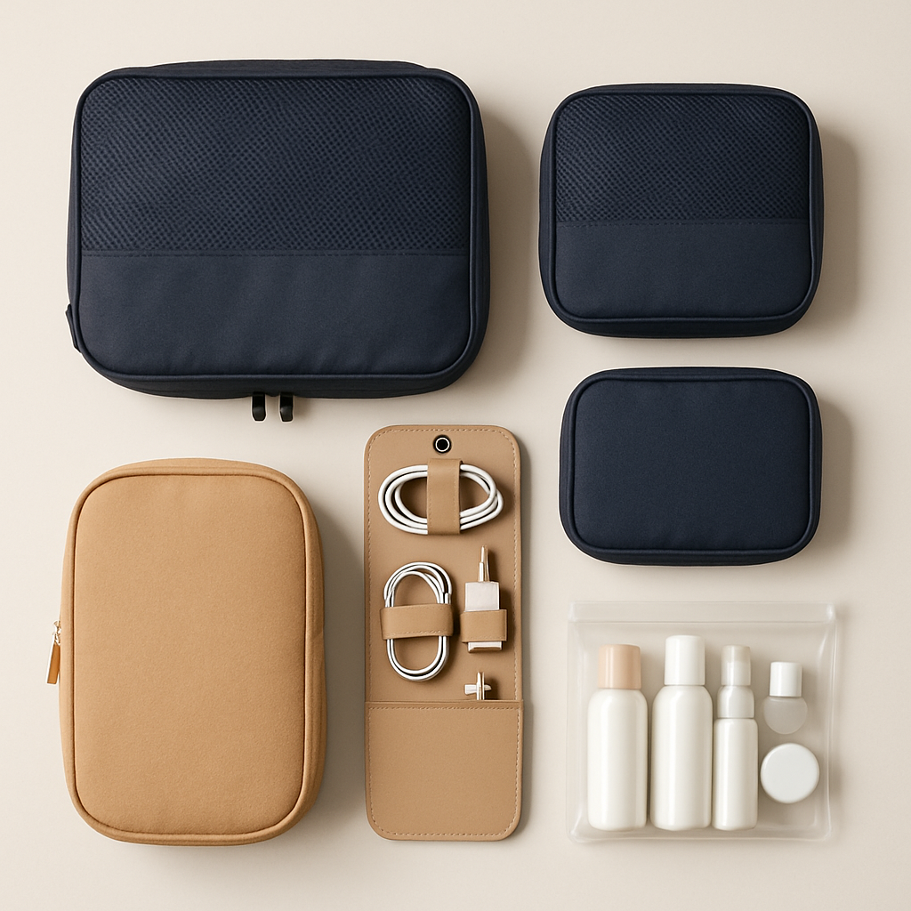 Travel accessories arranged neatly including organizers and toiletry pouch