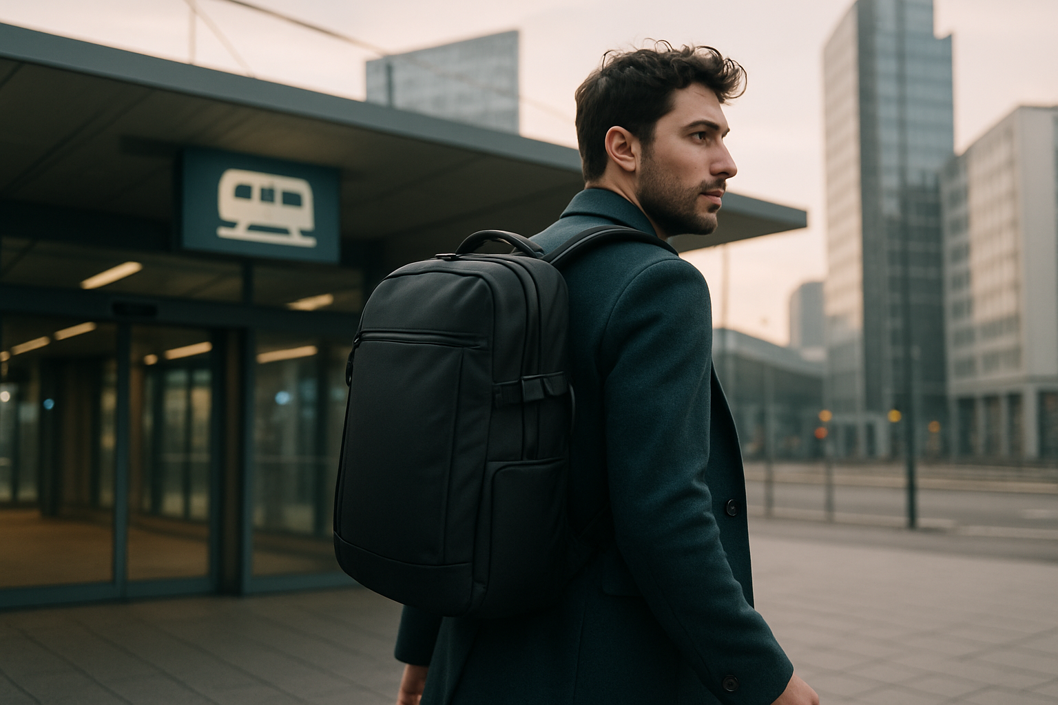 Traveler wearing a technical backpack in an urban travel setting