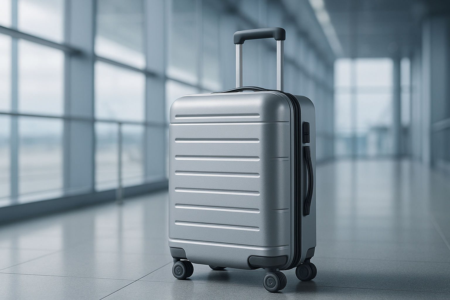 Premium hard-shell suitcase in a modern airport terminal