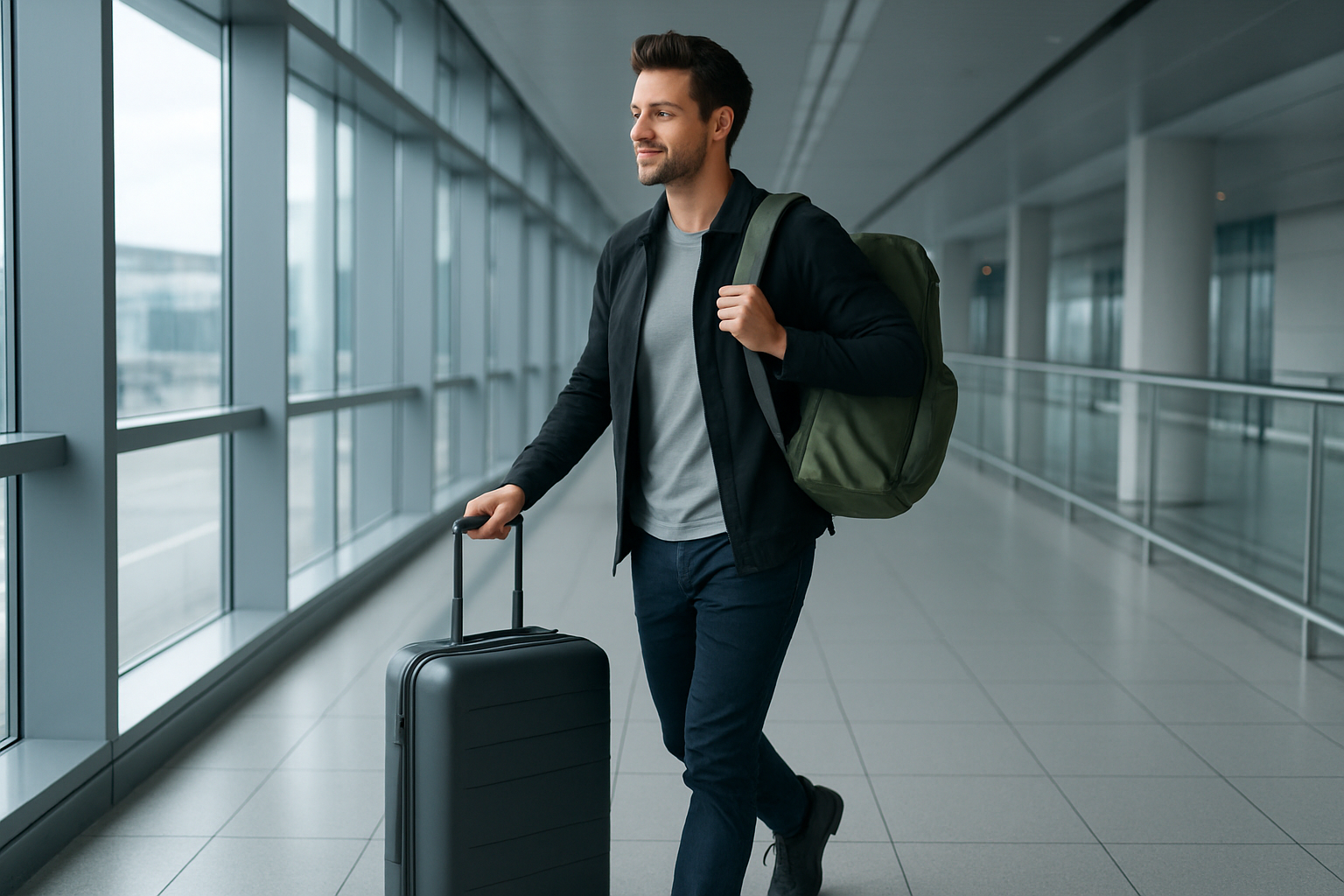 Traveler at an airport with modern luggage and backpack