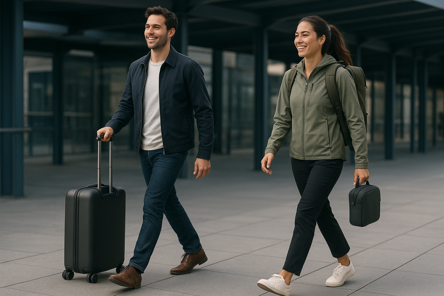 Two modern travelers moving through an outdoor transit hub with premium hard-shell suitcases and technical backpacks
