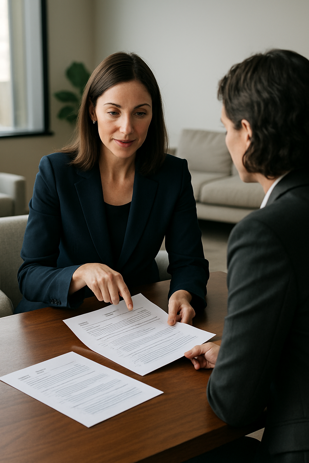 Senior career consultant and candidate reviewing resume strategy in a refined executive office setting