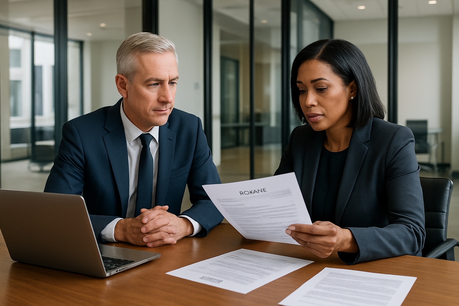 Senior recruiter and career consultant reviewing an executive candidate dossier across a polished boardroom table