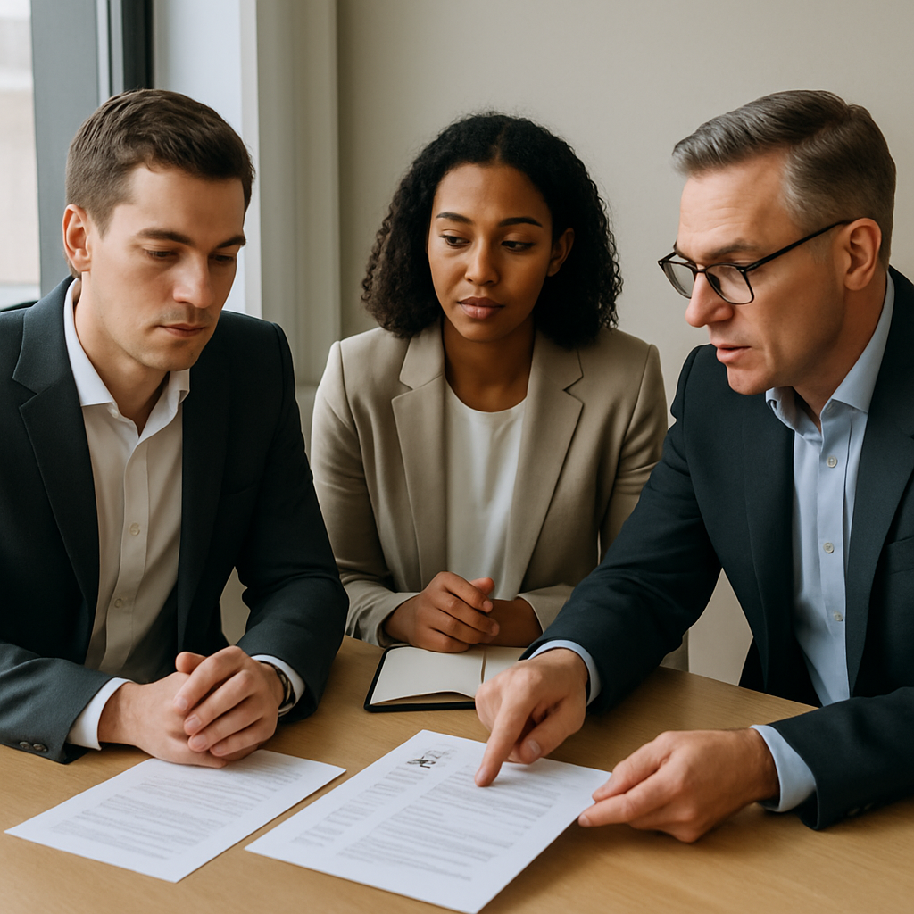 Executive interview panel in a modern office discussing candidate strengths with printed role briefs