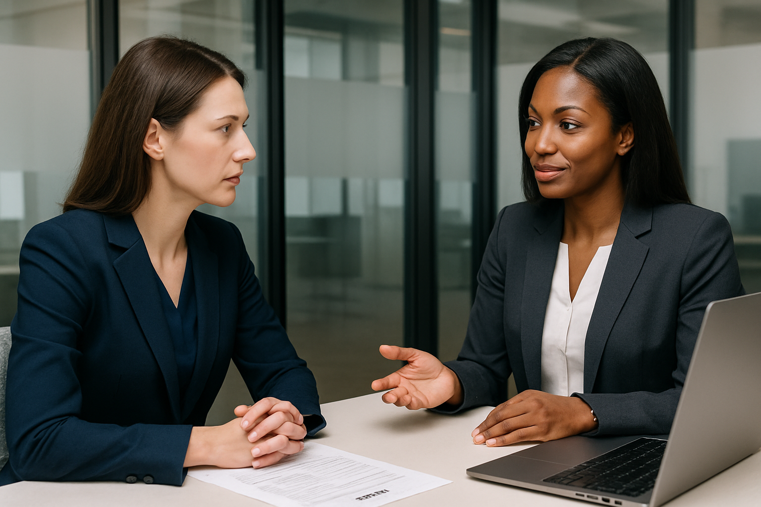 Career consultant coaching a candidate through interview strategy in a modern corporate office