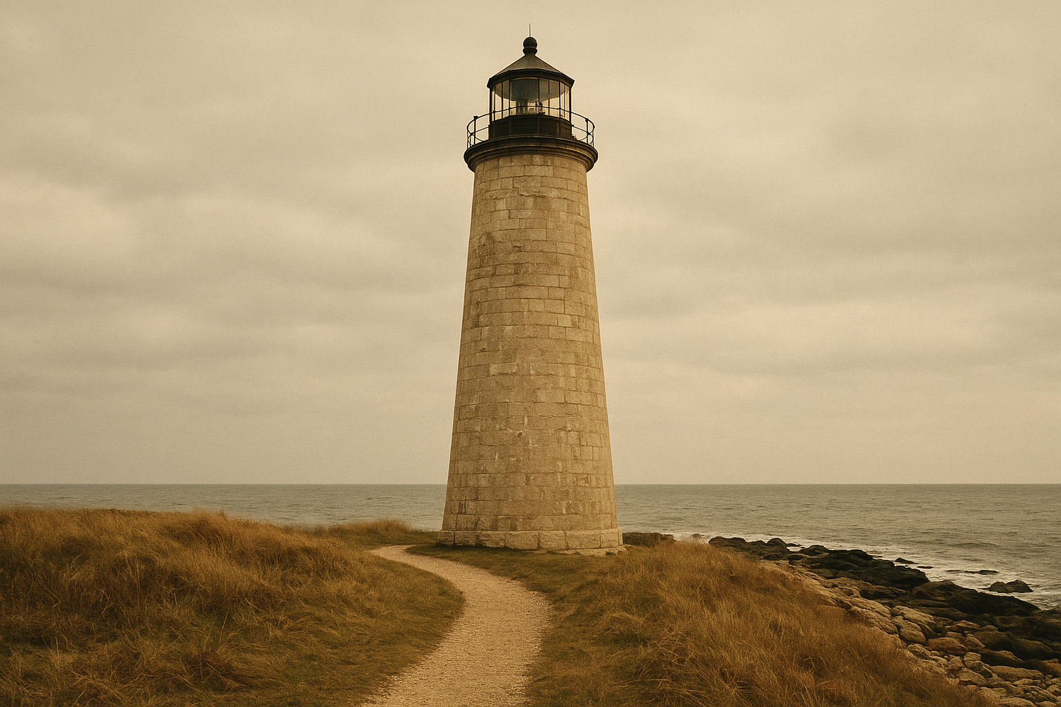 Warm archival photograph of a weathered northern coast lighthouse with lantern housing, salt-worn masonry, and shoreline access path