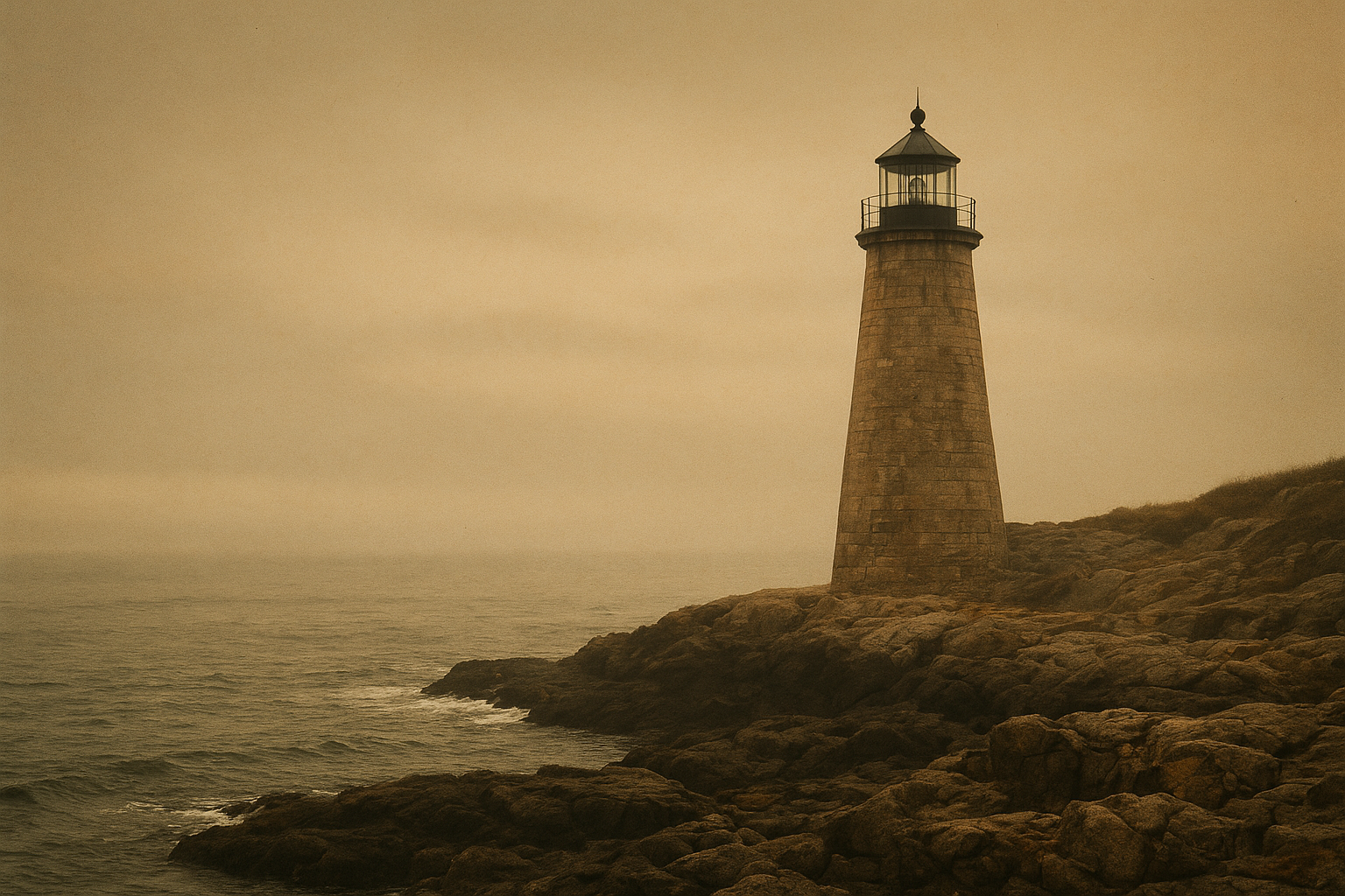 Cinematic northern coast lighthouse at dusk with sea haze, weathered stone tower, and warm archival film tones