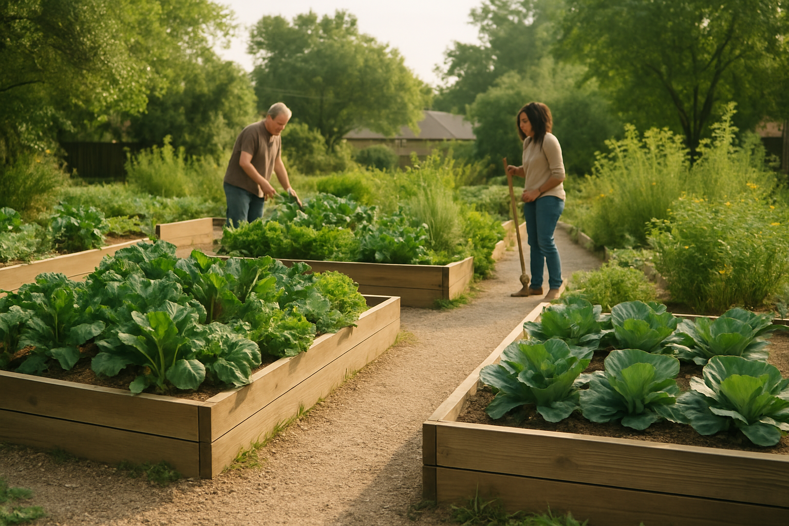 Community garden with raised beds, leafy greenery, and a path where neighbors work together
