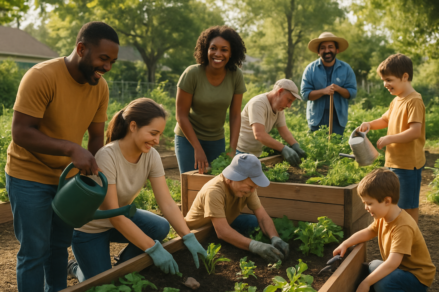 Welcoming community garden work day with neighbors of mixed ages gardening together among raised beds, greenery, and hand tools