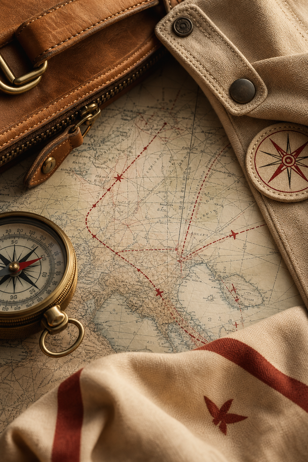 Crafted heritage motif with stitched leather, vintage flight map lines, and premium outdoor travel detail