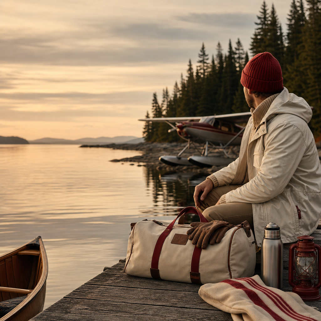 Atmospheric Red Canoe lifestyle scene with wilderness shoreline, vintage bush plane presence, and refined travel mood at warm dusk light