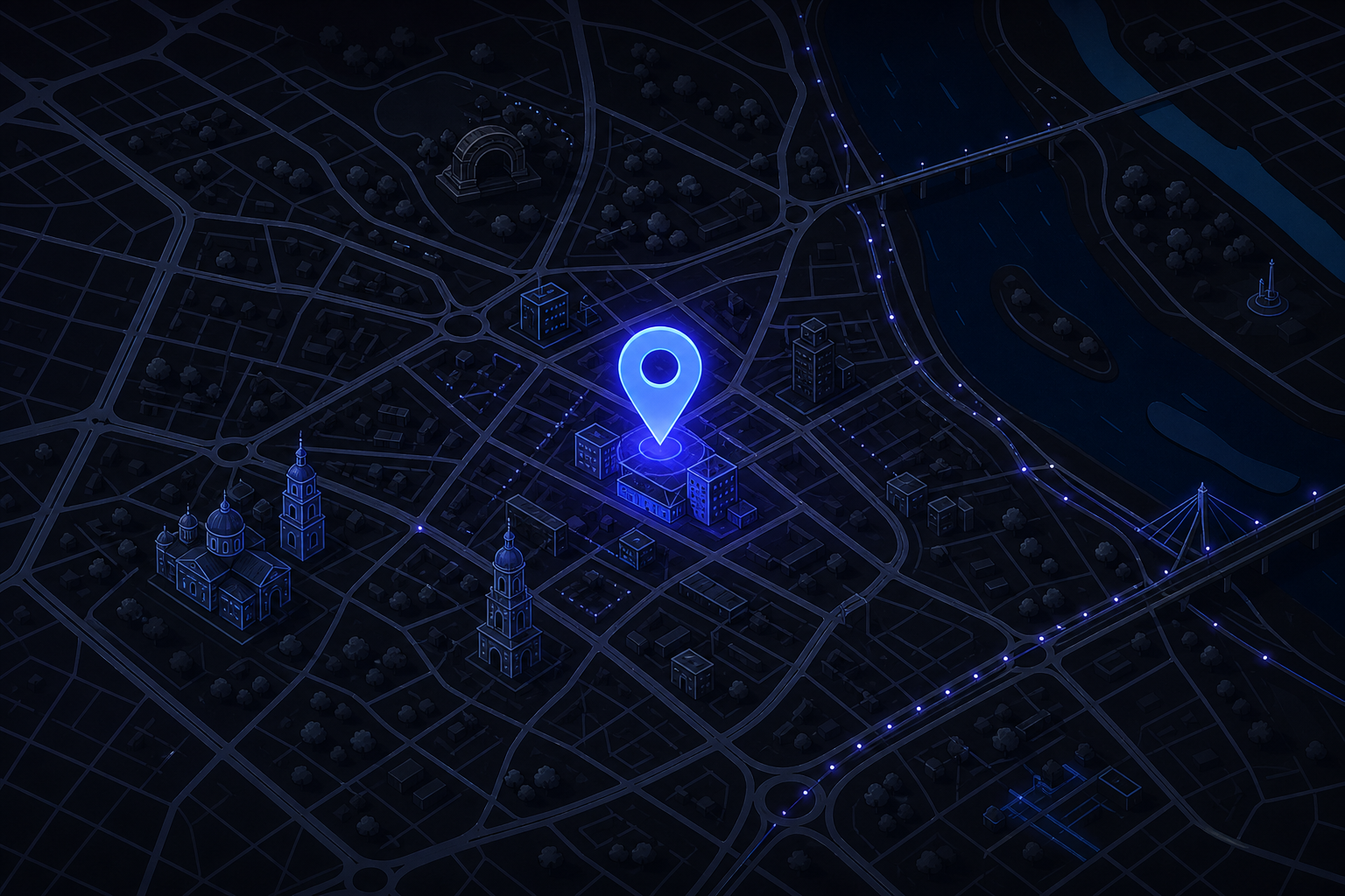 Stylized dark map illustration of Kyiv city center with a glowing pin marking the meetup venue