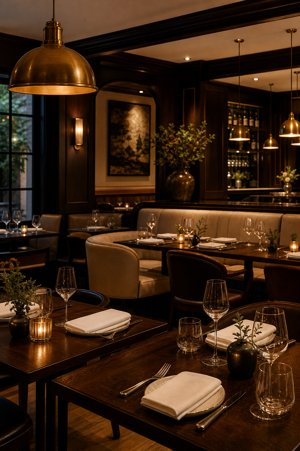 Intimate upscale dining room with dark wood tables, cream banquettes, and warm pendant lighting
