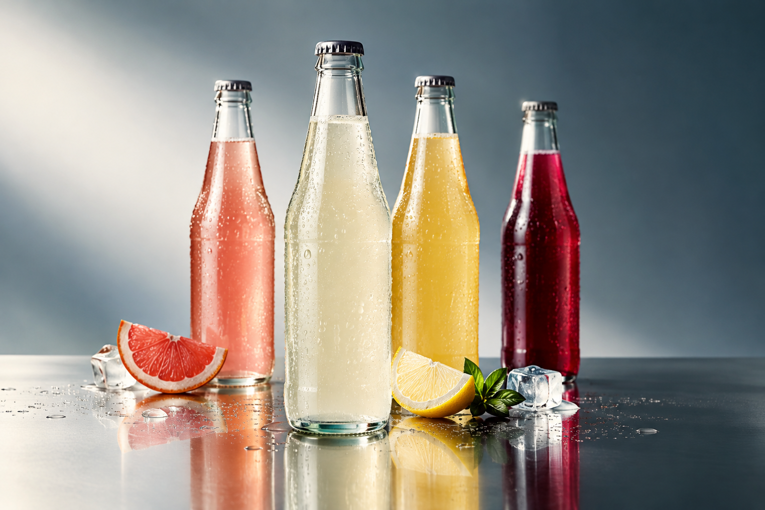 Premium bottled beverage launch campaign with glass bottles, reflective chrome accents, and soft studio shadows
