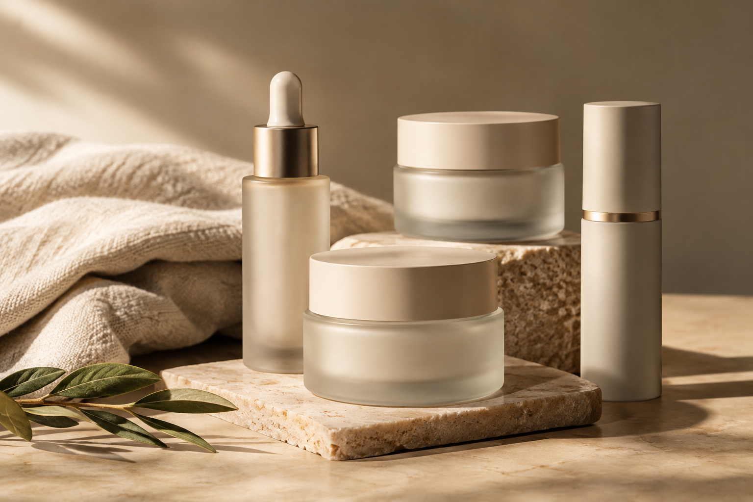 Luxury skincare product flatlay with frosted glass jars, linen texture, and soft warm editorial lighting