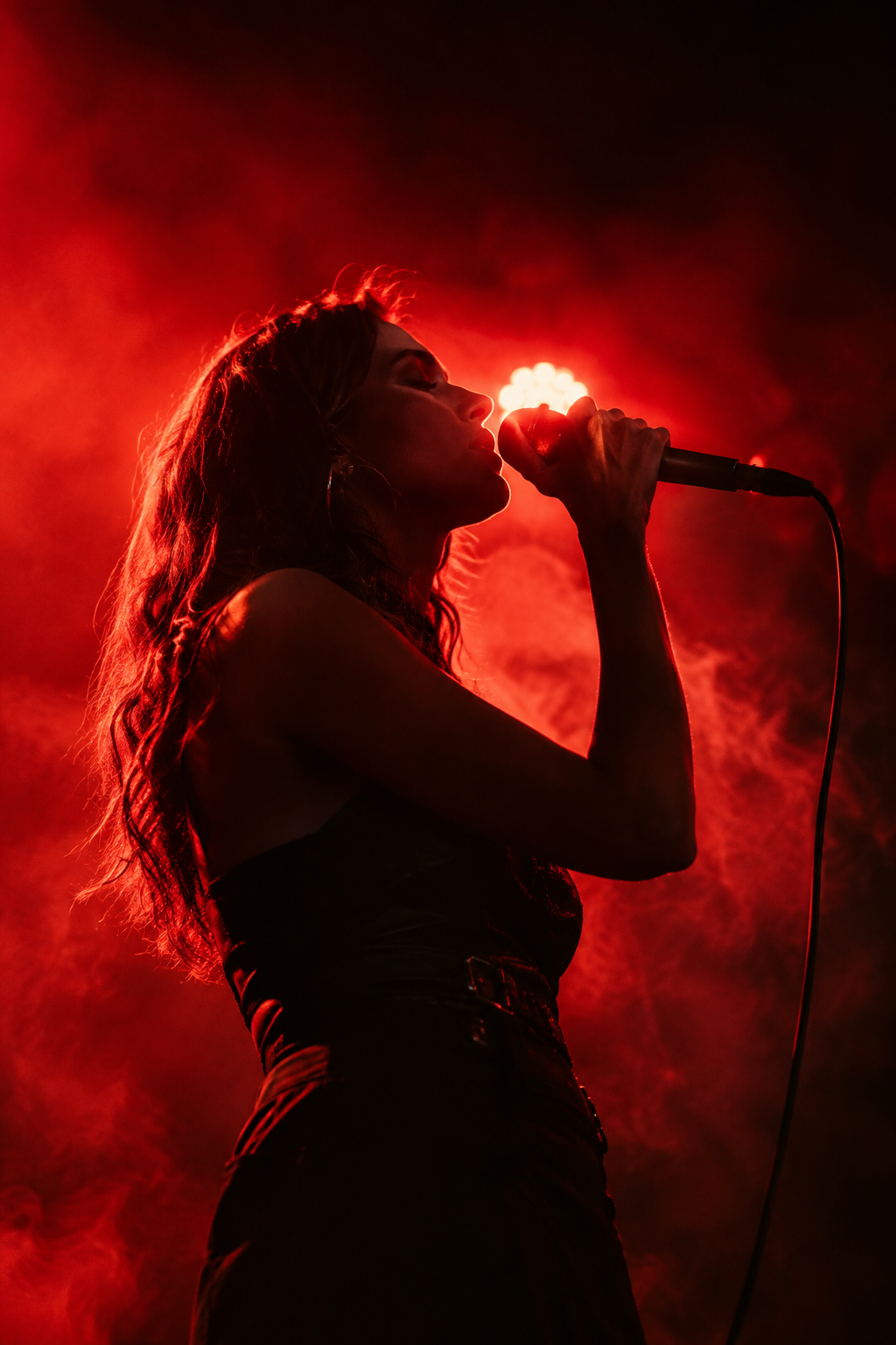 Live vocalist gripping a microphone, surrounded by deep red backlight and drifting stage smoke
