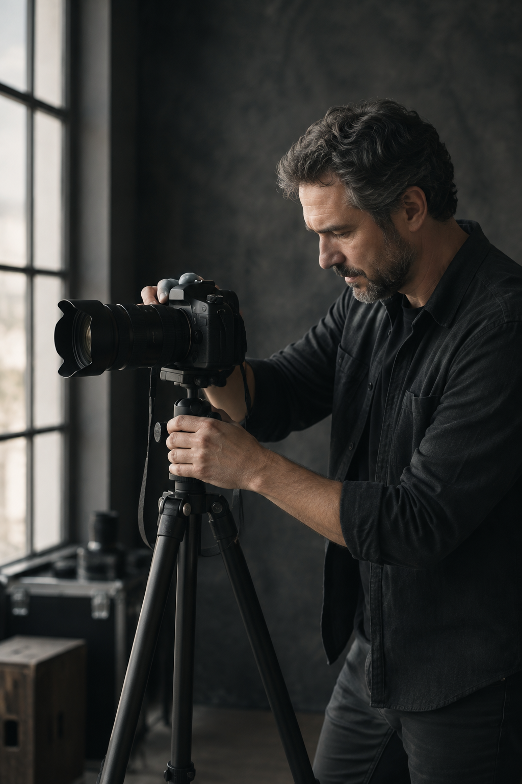 Cinematic studio detail with a photographer adjusting a professional camera beside soft window light and dark textured backdrops