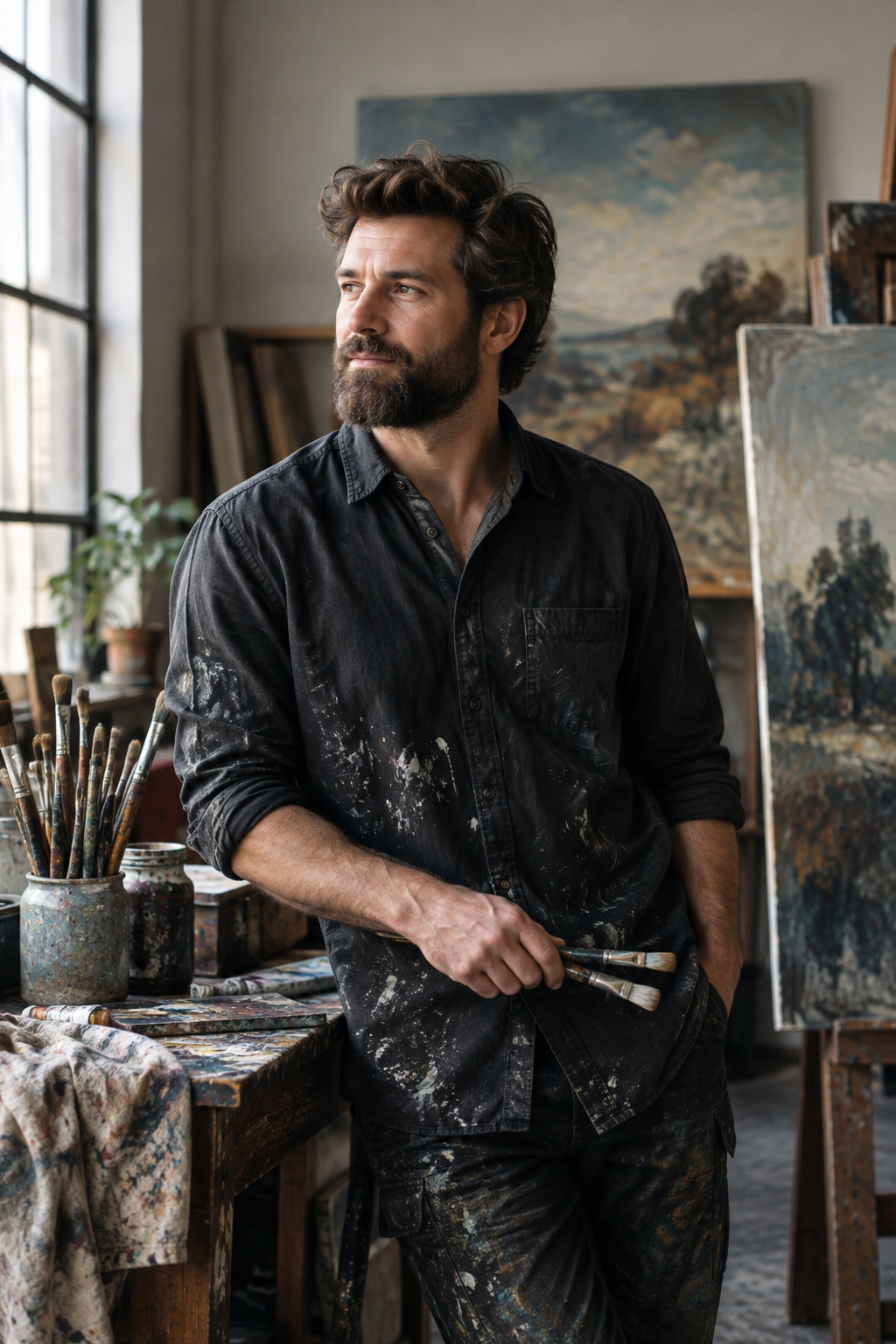 Environmental portrait of a male visual artist in a textured studio, wearing a charcoal shirt beside canvases