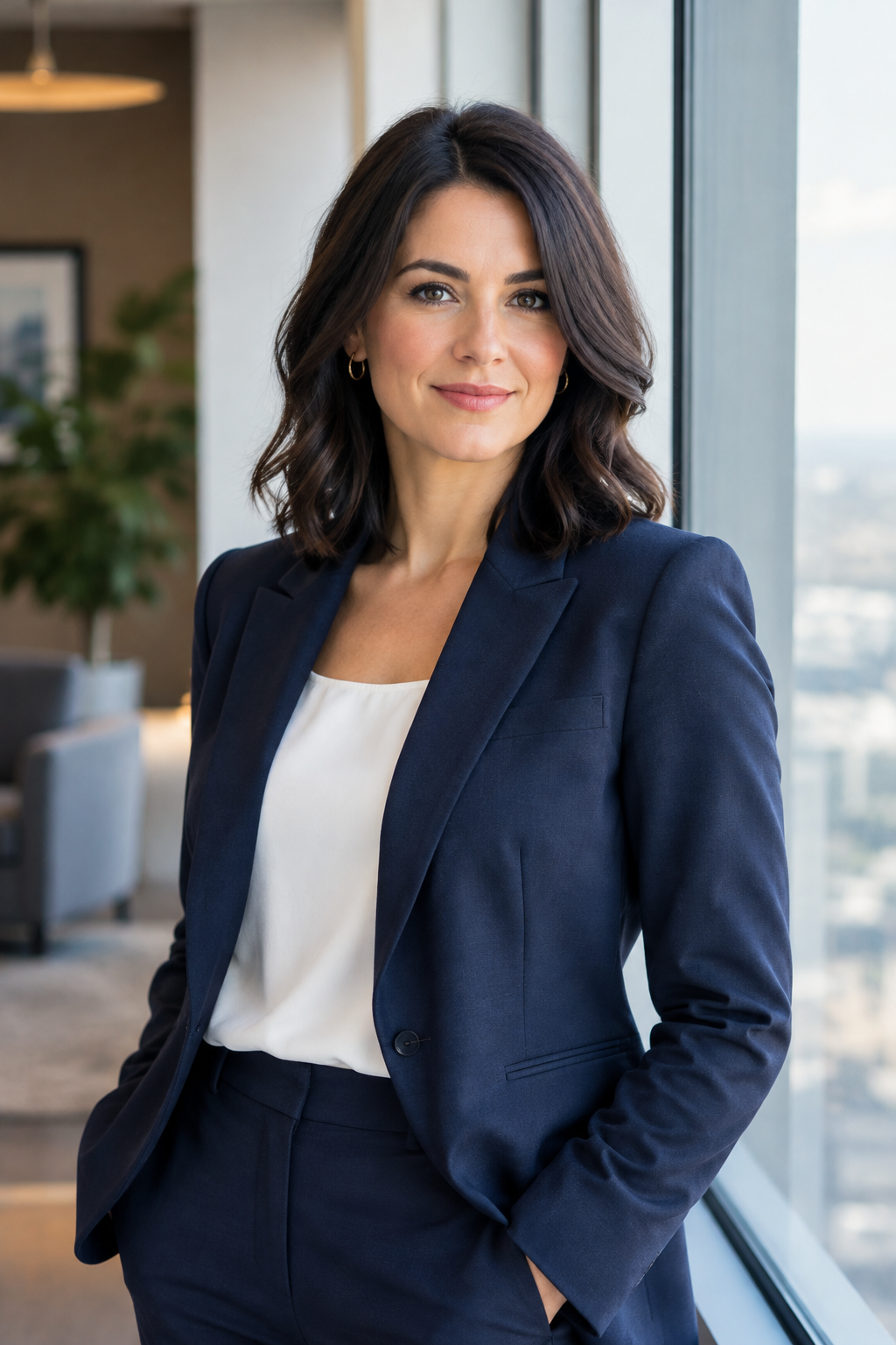 Confident executive headshot of a woman in a navy blazer, standing near a tall window with natural side light