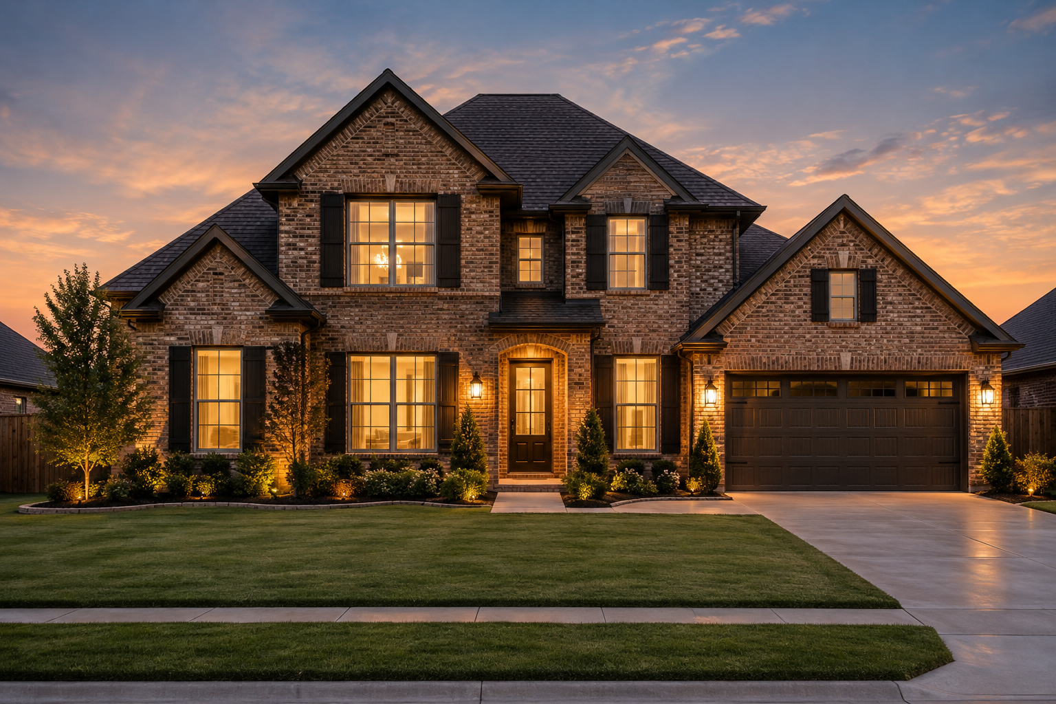 Two-story brick property exterior at blue hour, warm interior window glow, and clean landscaped front walk