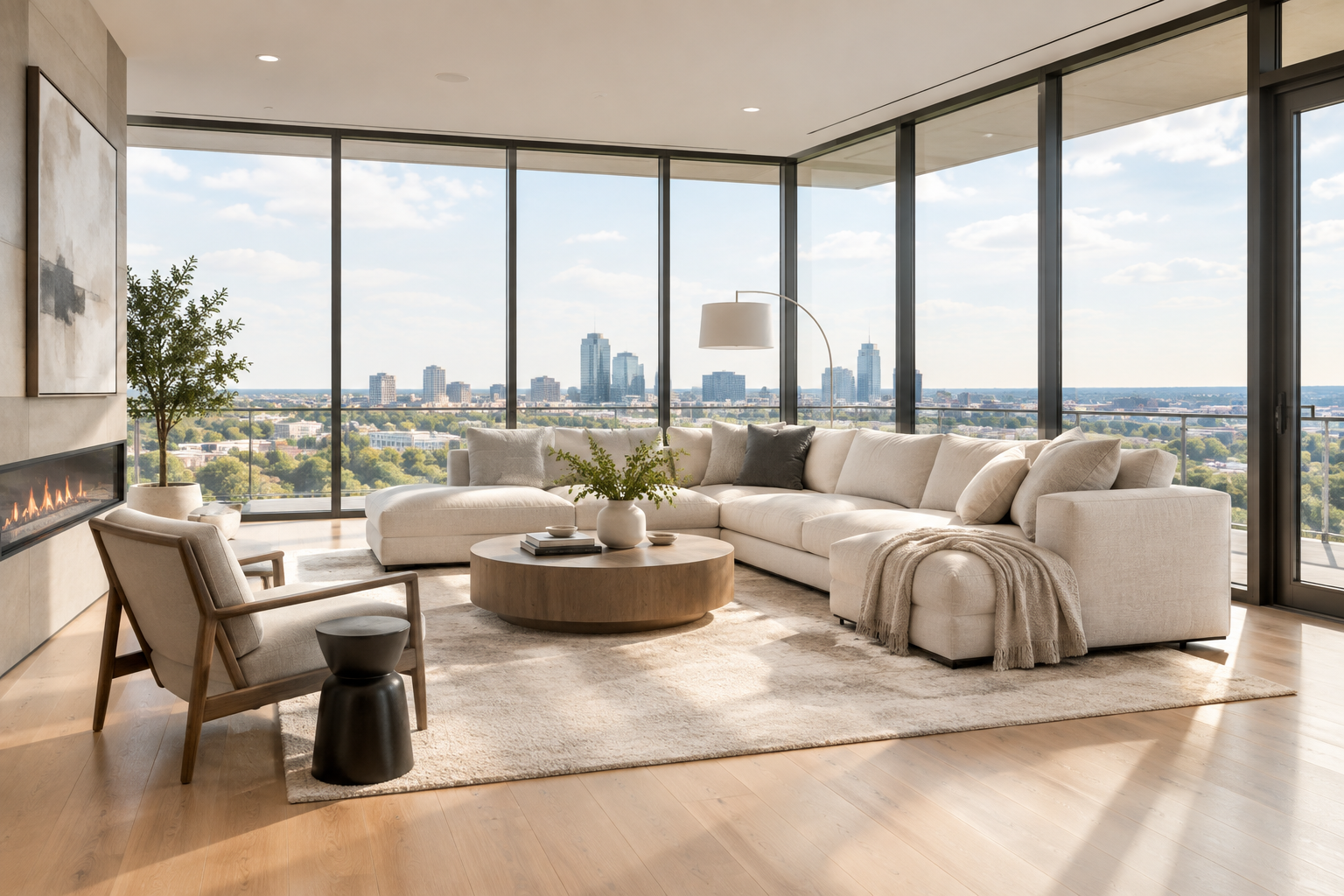Bright modern living room with floor-to-ceiling windows, pale oak flooring, and minimal contemporary furniture