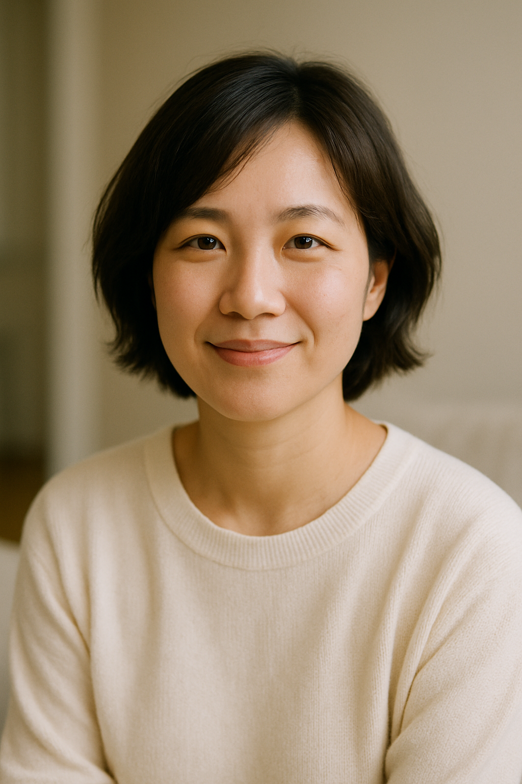 一位气质温暖的中国女性博主，短发微卷，穿着简洁的浅色针织衫，背景为柔和的室内光线