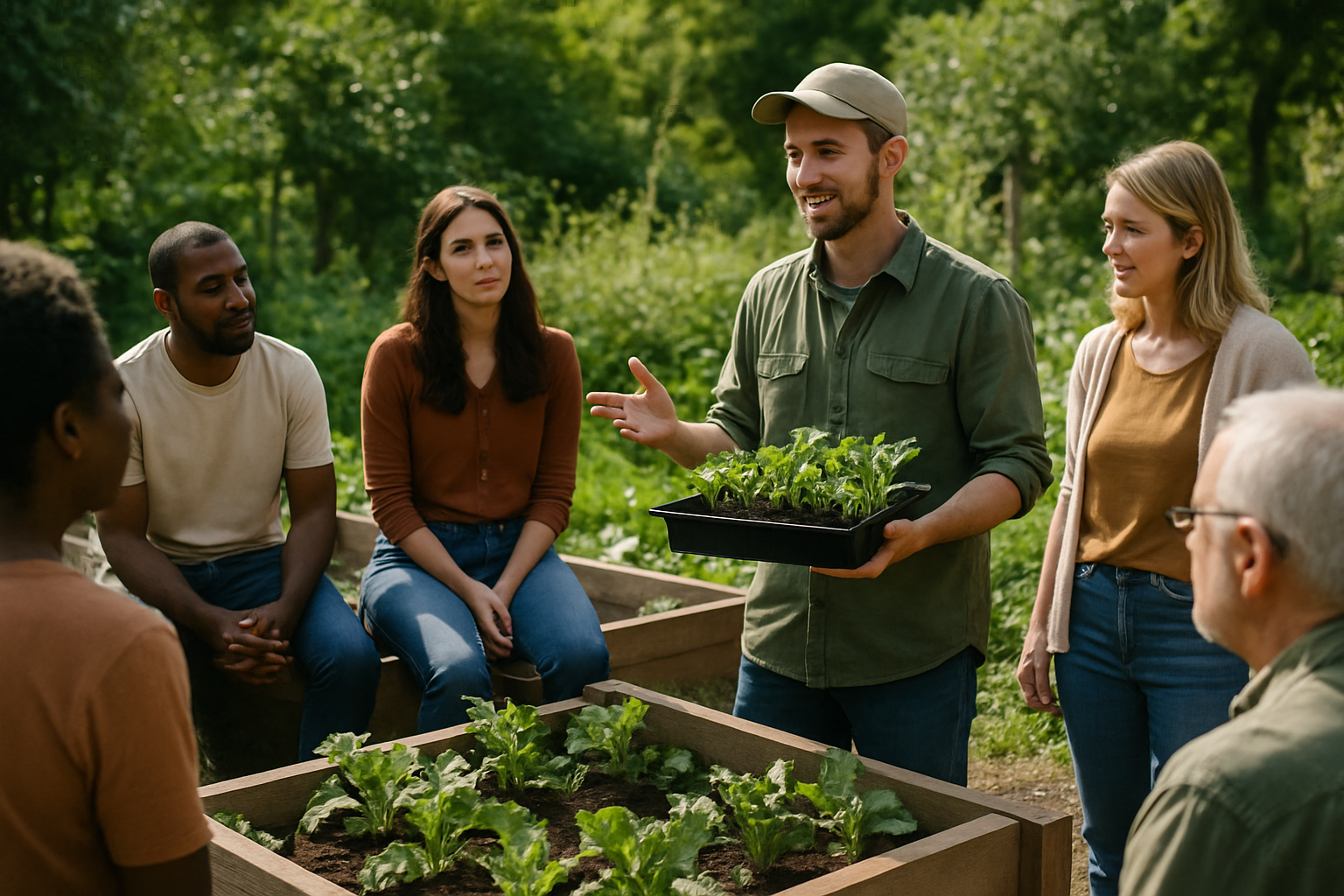 Outdoor easy-farming class with a small group around raised beds and a facilitator holding seedlings