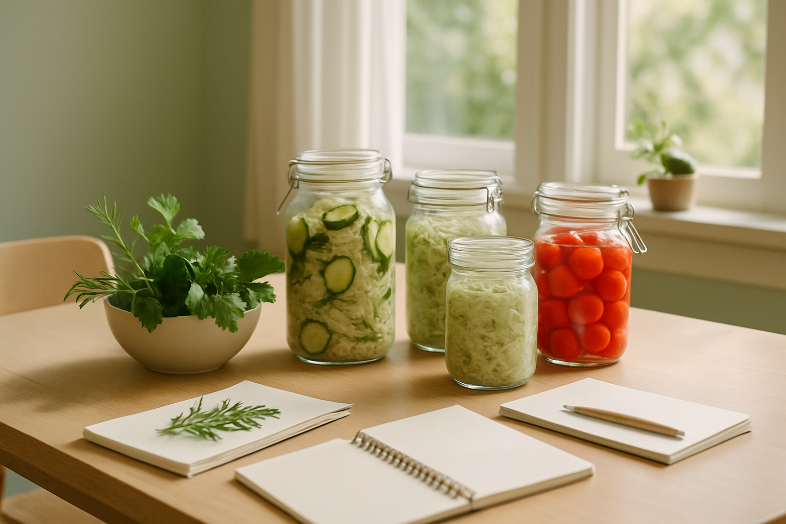 Bright indoor workshop table with jars, herbs, and notebooks prepared for a fermentation session