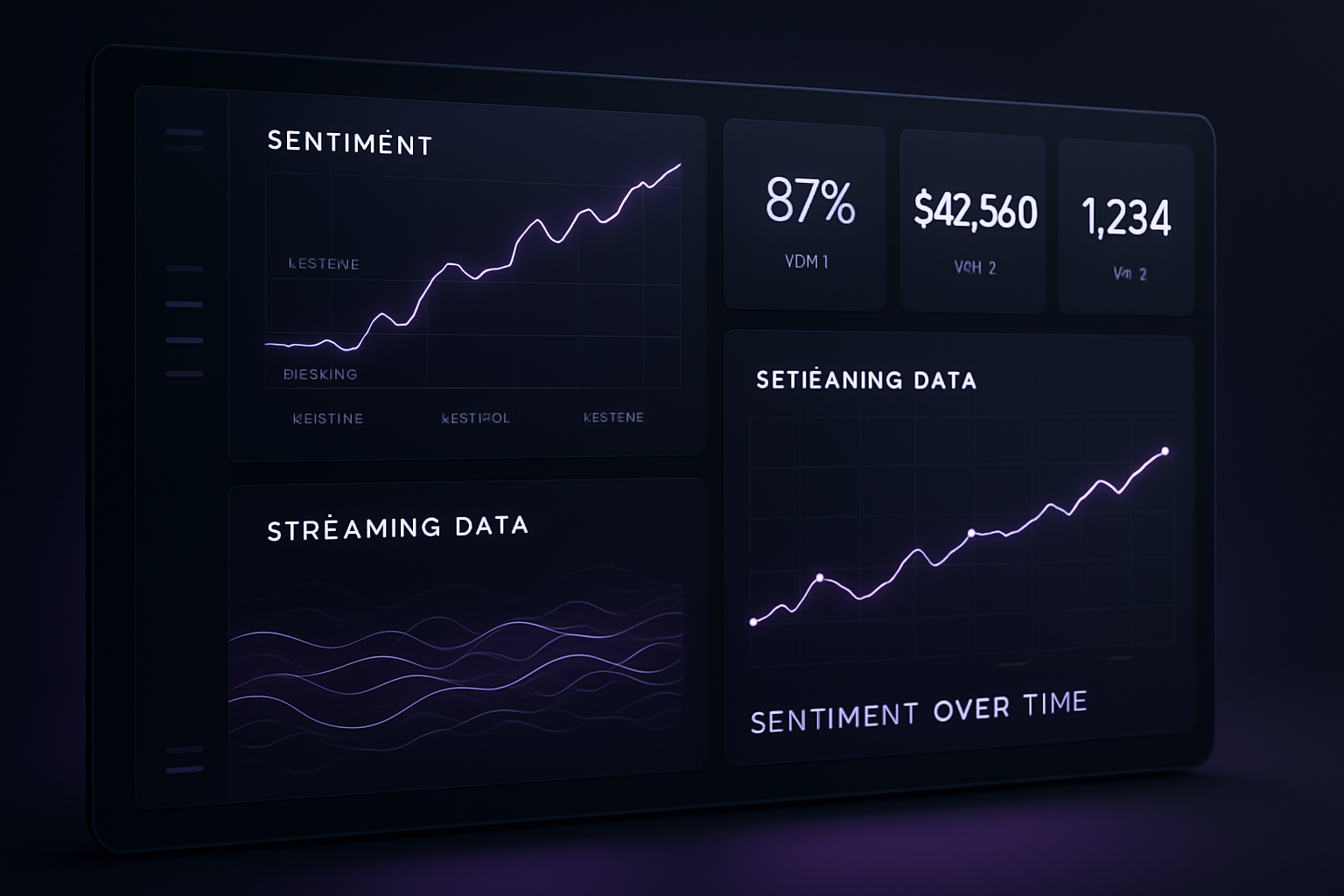 Futuristic analytics dashboard with sentiment graphs, live data streams, and KPI tiles