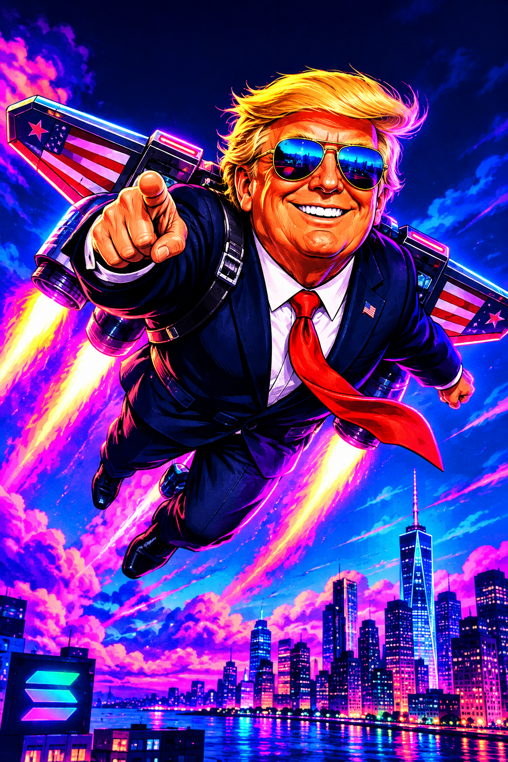 Cartoon flying political meme character in a suit with aviator shades, tiny jet wings, and exaggerated expression, neon webpunk style