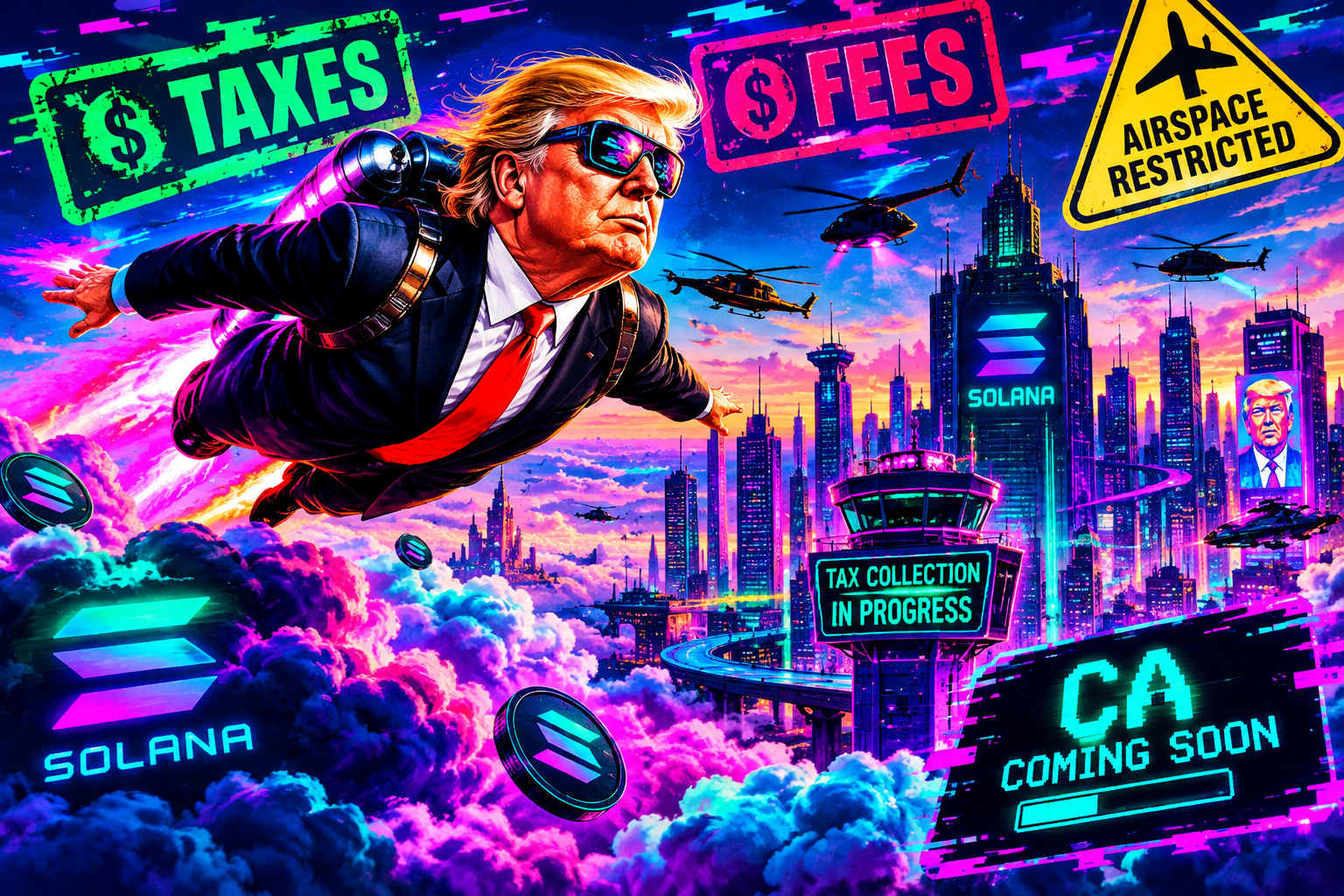 Wide banner scene showing a chaotic meme skyline over Solana-themed clouds with satirical tax stamps and neon airspace warning graphics