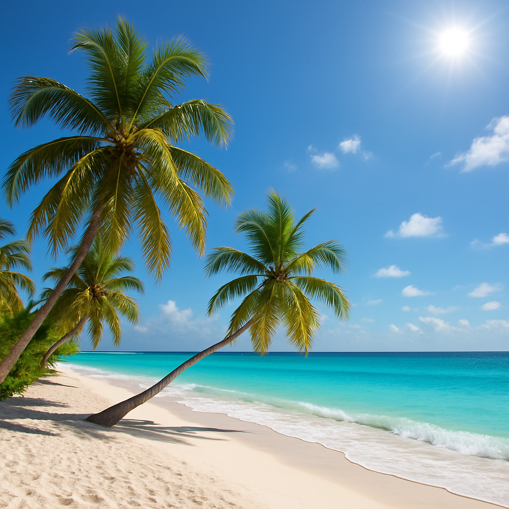 Palm-lined tropical beach with turquoise water
