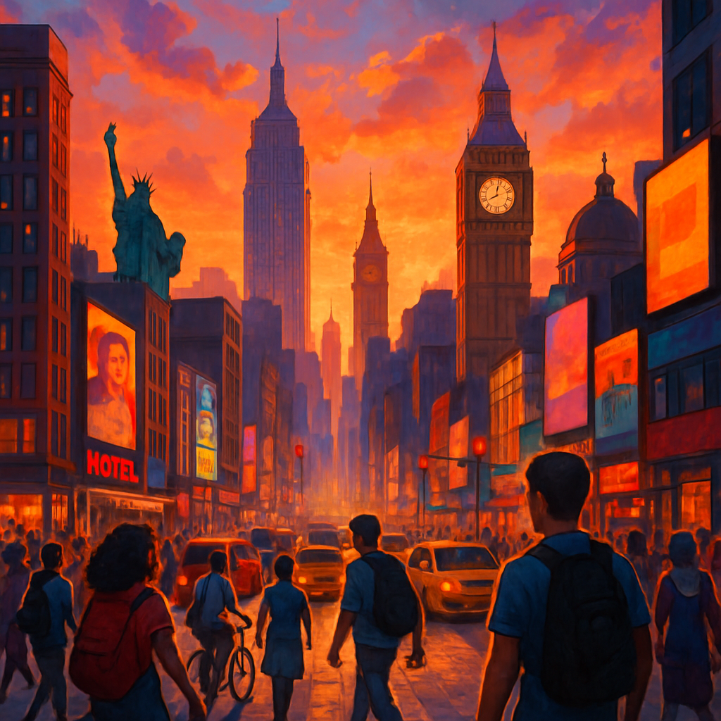 Bustling cityscape with famous landmarks at sunset