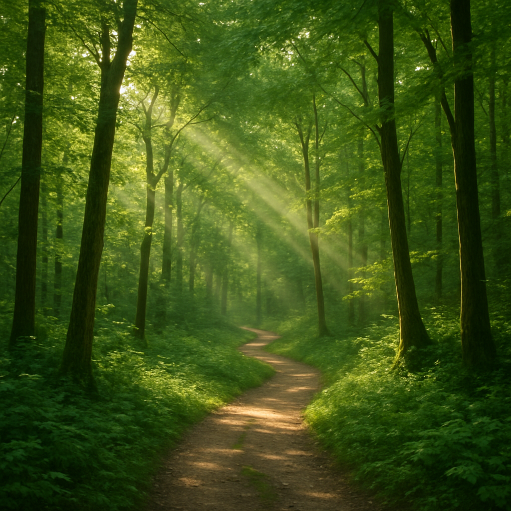 Lush green forest with winding path and sunlight