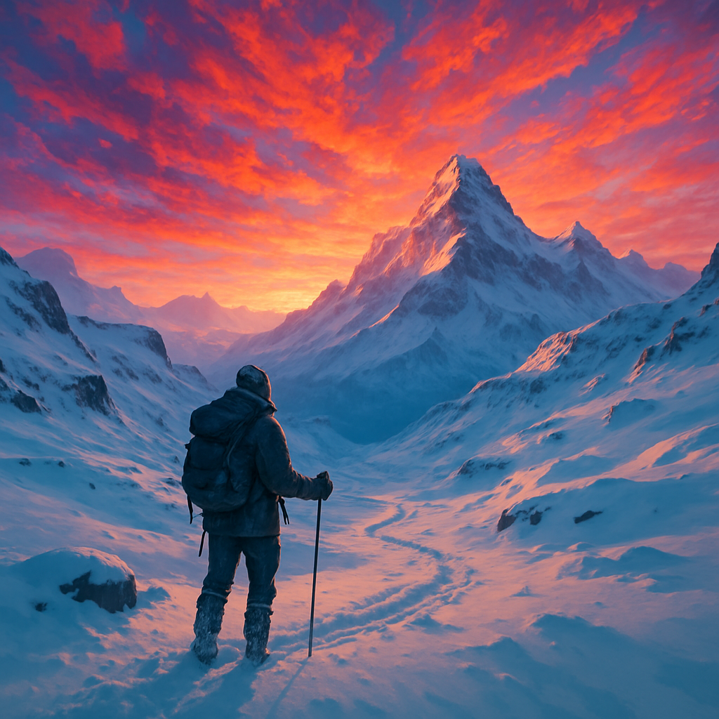 Snowy mountain landscape under vibrant sky