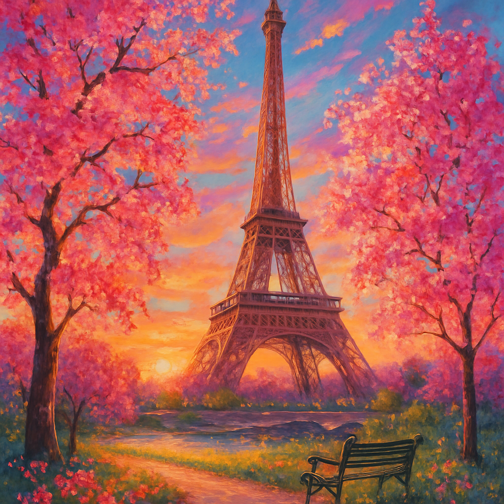 Eiffel Tower at sunset in spring