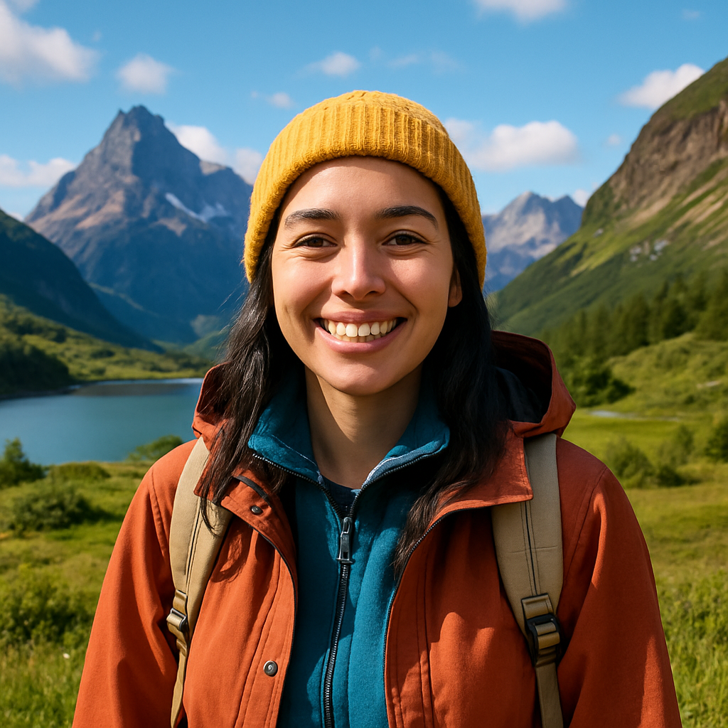 Portrait of Mia Torres smiling in front of a mountain landscape