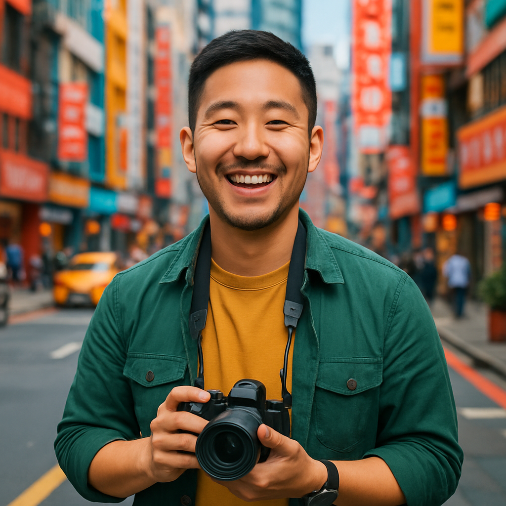Portrait of Daniel Kim with a camera in a vibrant city