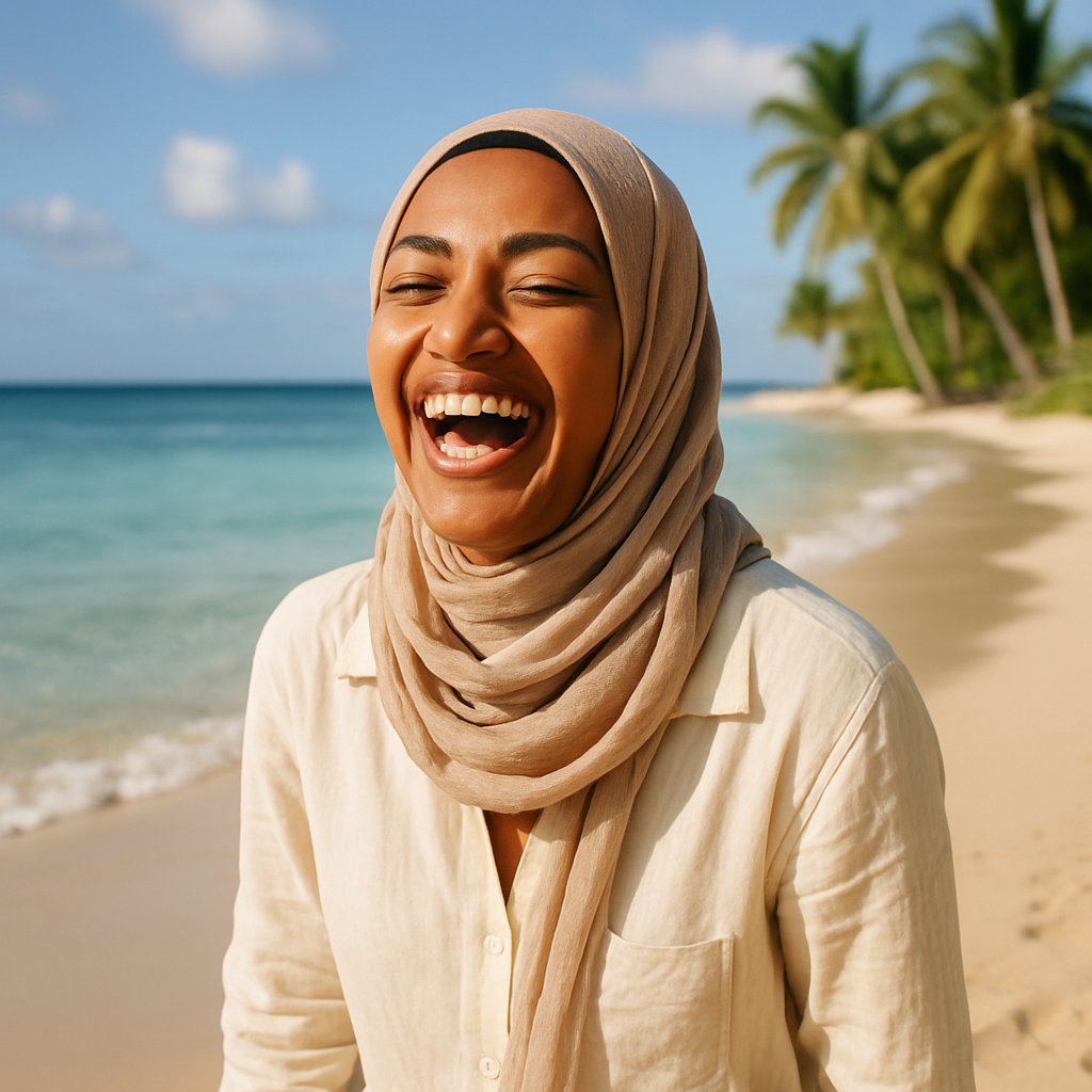 Portrait of Aisha Rahman laughing on a tropical beach