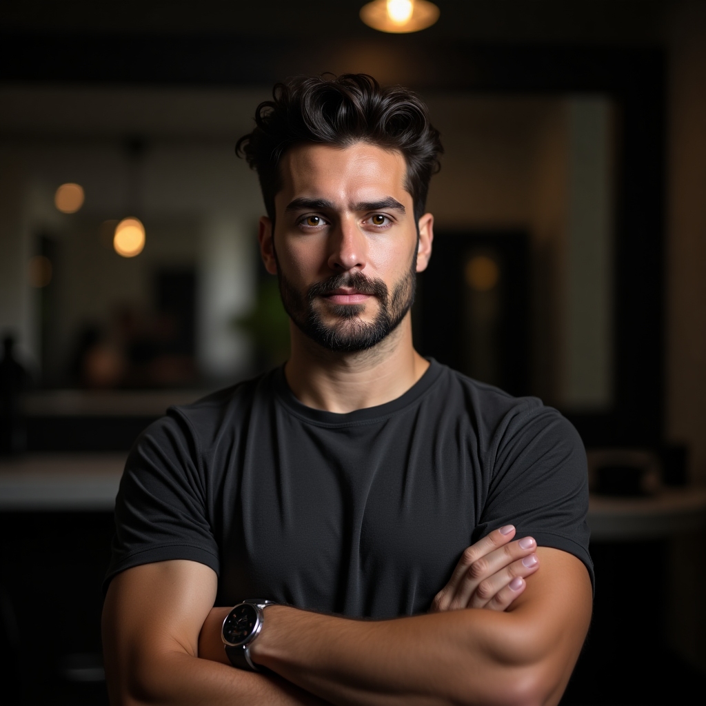Professional barber with wavy hair and mustache wearing a charcoal shirt, standing confidently in a barbershop
